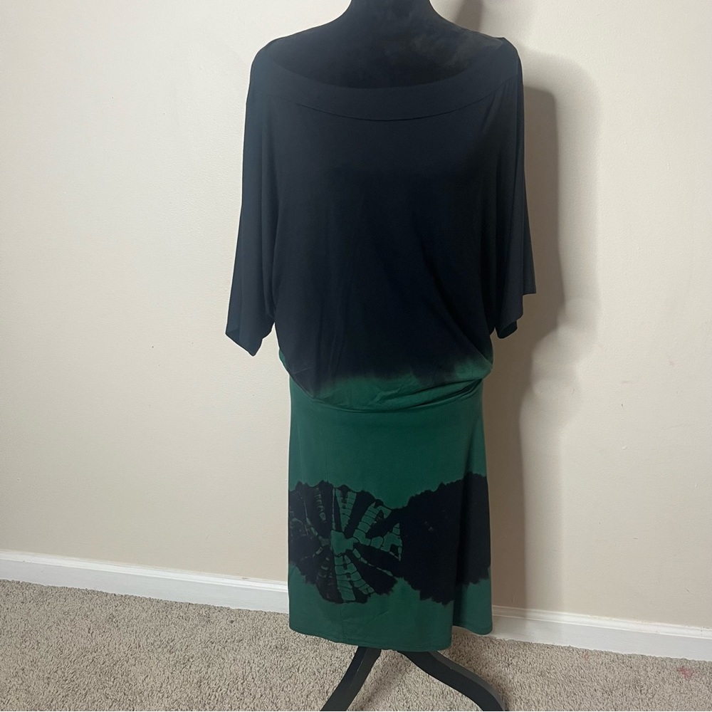 Go Couture Women’s Black Green Ombré Tie Dye Dolman Sleeve‎ Jersey Knit Dress M